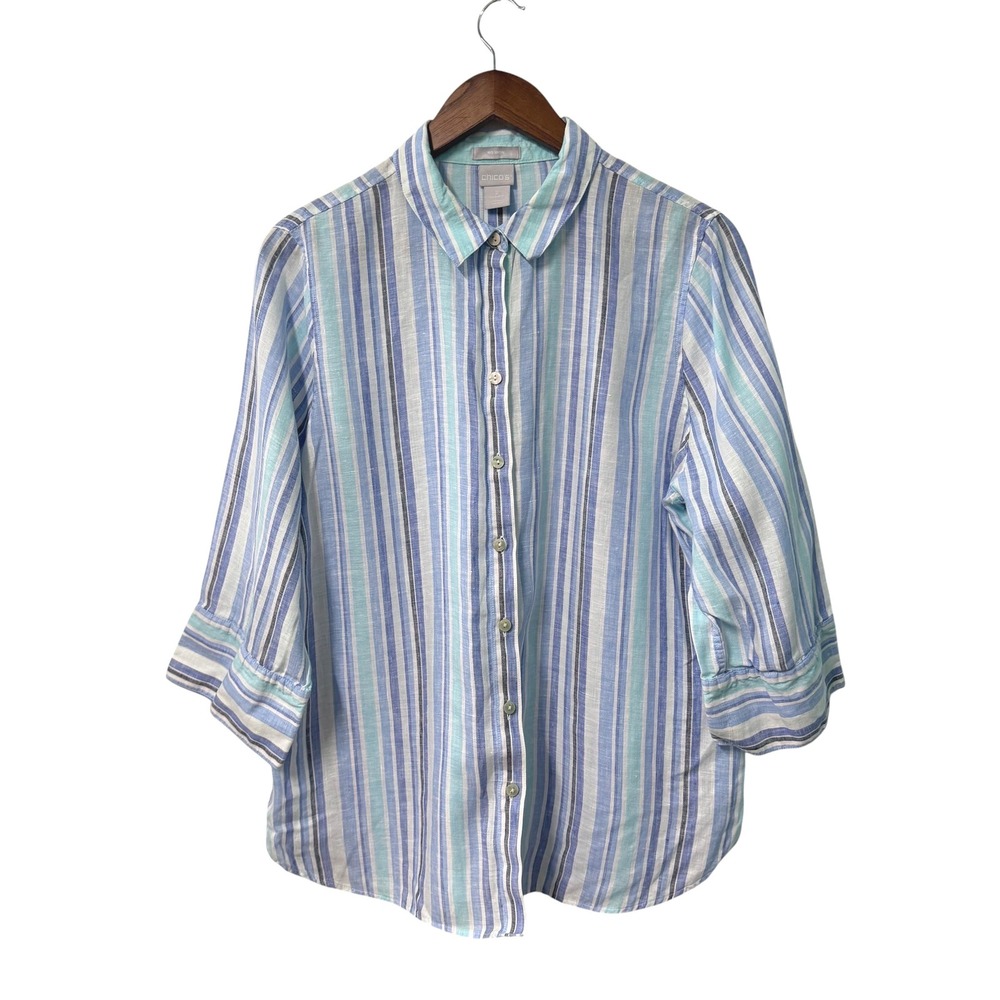 Chicos Button Up Shirt Womens 2 US 12 Blue Striped 100% Linen No Iron Minimalist